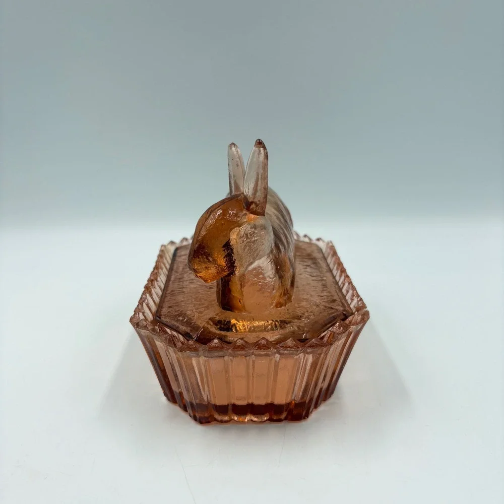 Vintage Rabbit on Nest Trinket Dish Pink Glass Small Easter Bunny‎ Box
